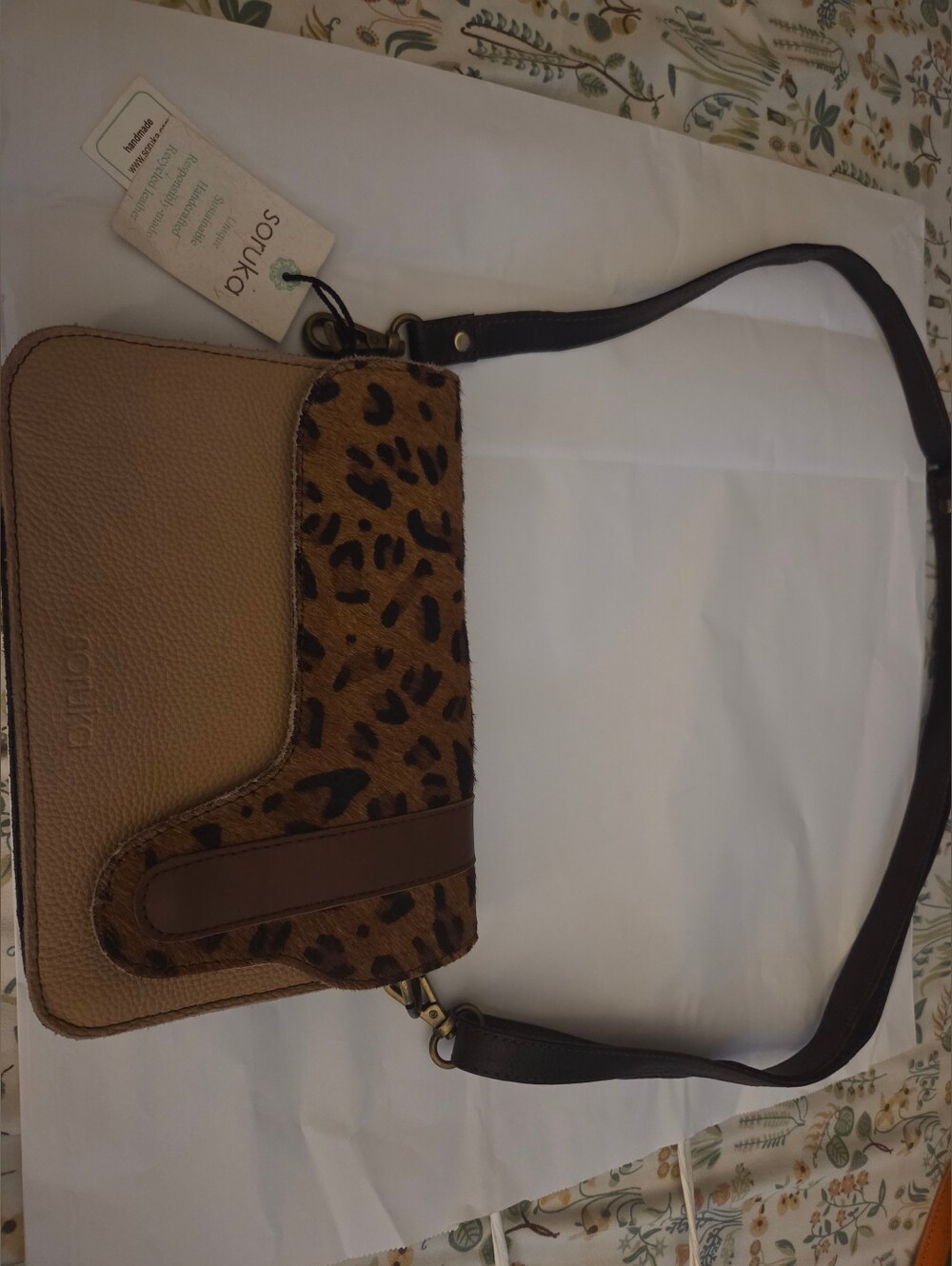 Soruka Leopard Accent Tan Leather Crossbody Bag- One Of A Kind